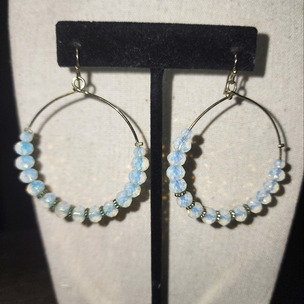 Gold and Blue Iridescent Beaded Hoop Earrings